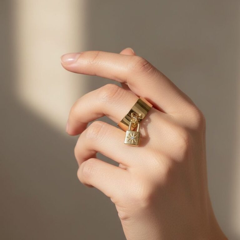 bague acier doré breloque cadenas avec strass au centre bijou mile mila bague acier doré breloque cadenas avec strass au centre bijou mile mila