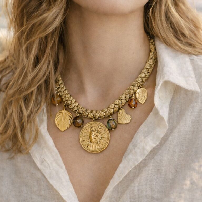 collier lien tressé doré et breloque soleil mile mila bijoux acier tendance mode collier lien tressé doré et breloque soleil mile mila bijoux acier tendance mode