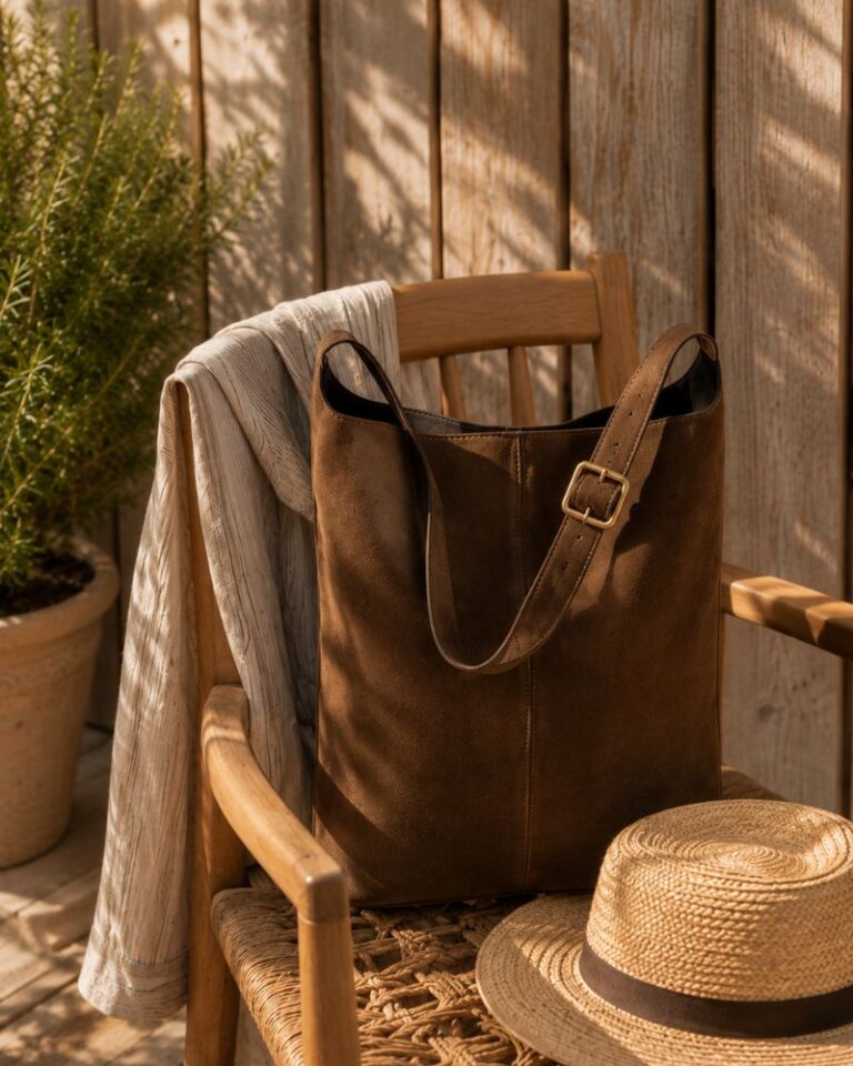 sac cabas forme seau couleur taupe en daim