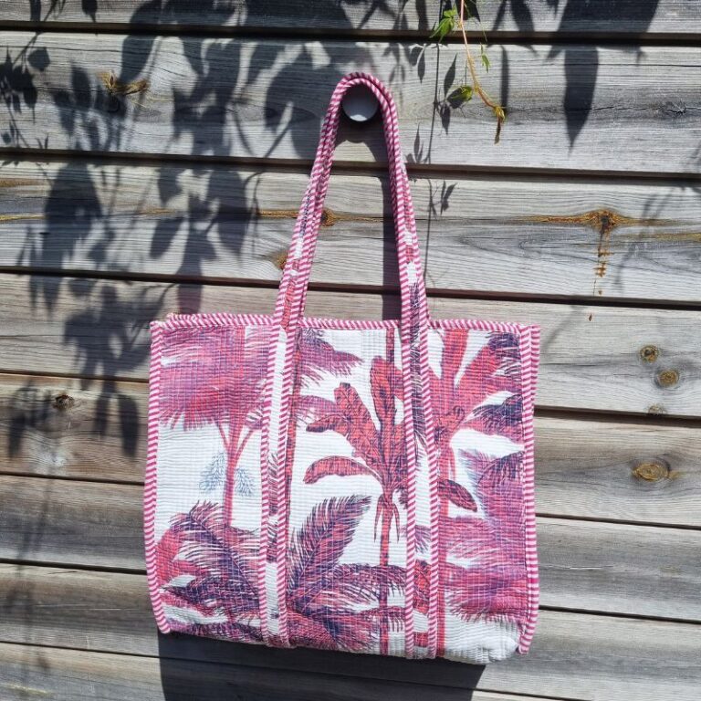 cabas coton matelassé rose imprimé palmiers sac d'été