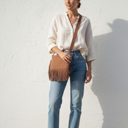 pochette en daim à franges ornella couleur terracotta avec bandoulière large