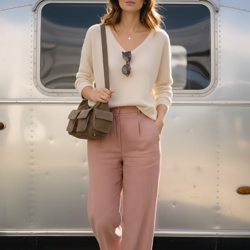 Sac en cuir suède multipoche Sienna porté à l’épaule, style chic et décontracté