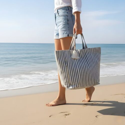 sac de plage coton rayé gris et écru grand modèle