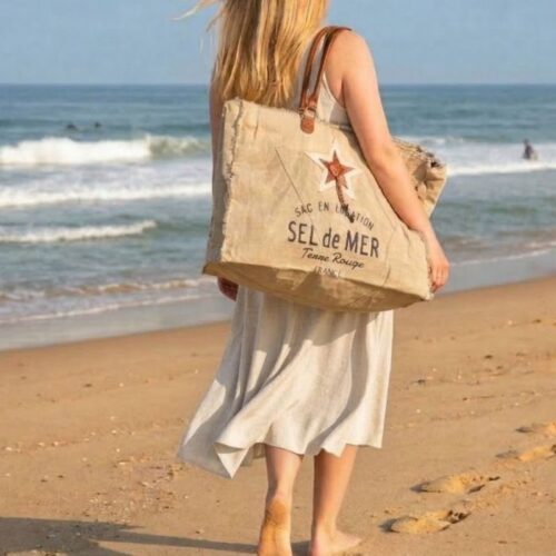 Cabas Plage Toile et Cuir Beige