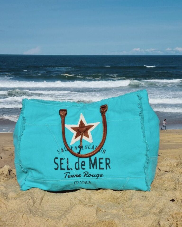 grand sac cabas de plage en toile imprimé Sel de Mer couleur bleu caraïbes