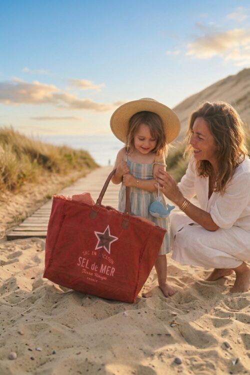 sac de plage xl sel de mer rouge Une femme et une petite fille sur la plage avec un grand sac de plage rouge Sel de Mer en toile recyclée.