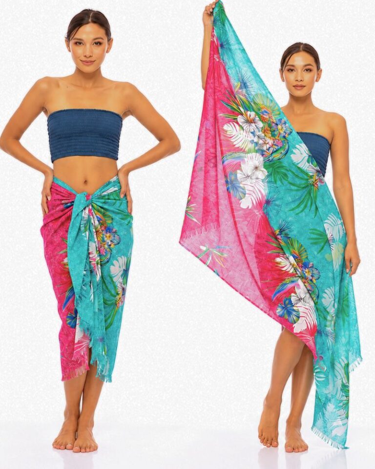 paréo 100% coton imprimé tropical couleur fuchsia turquoise palme paris