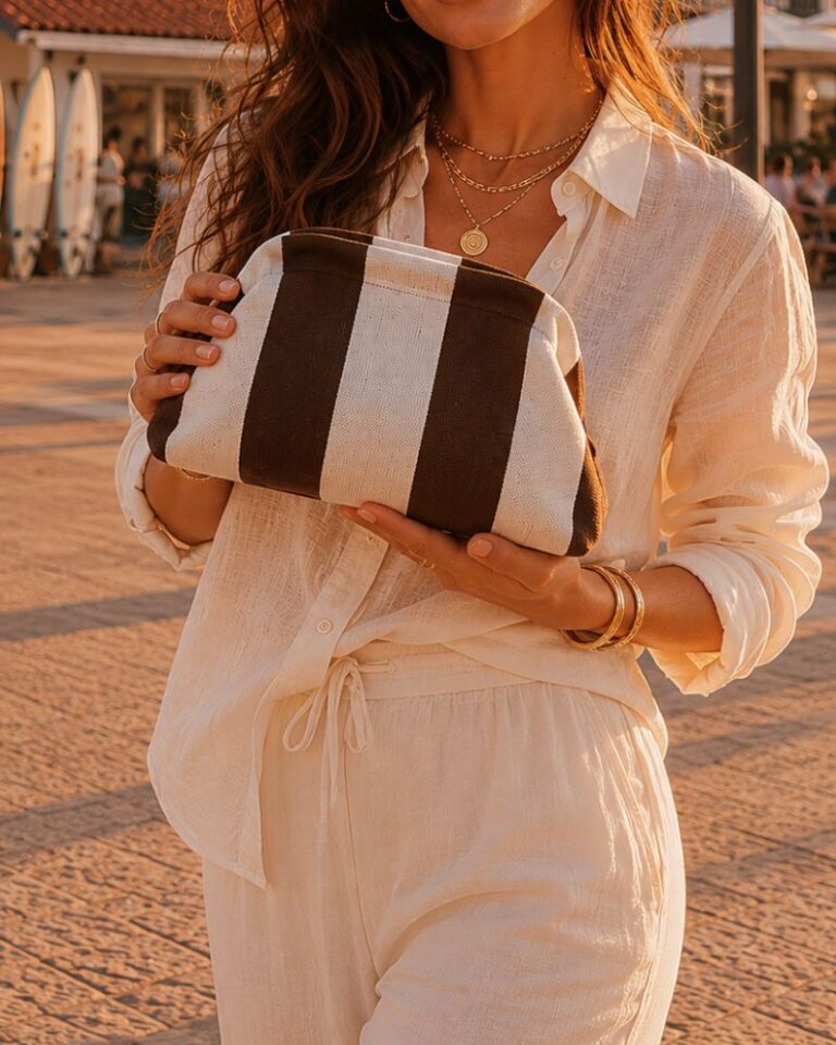 pochette en polyester sunset rayé choco / écru
