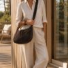 sac en daim chocolat porté bandoulière femme
