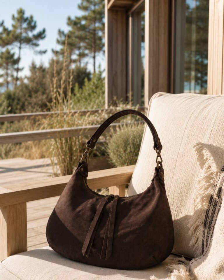 sac en daim forme demin lune couleur chocolat