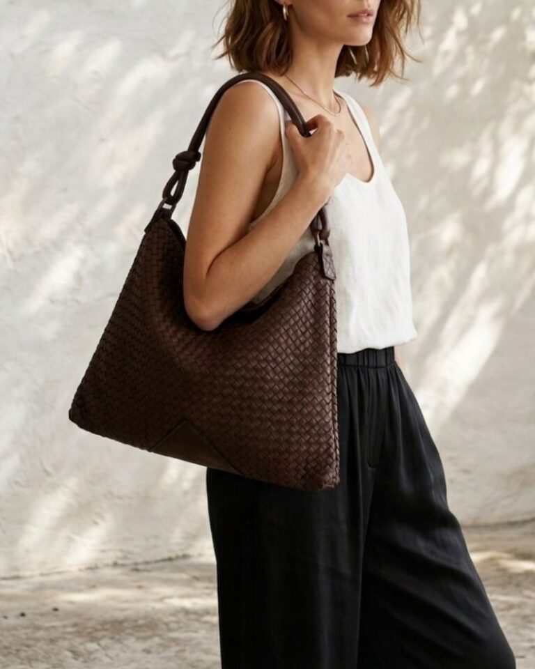 Sac pochette rectangulaire en cuir marron tressé main porté épaule